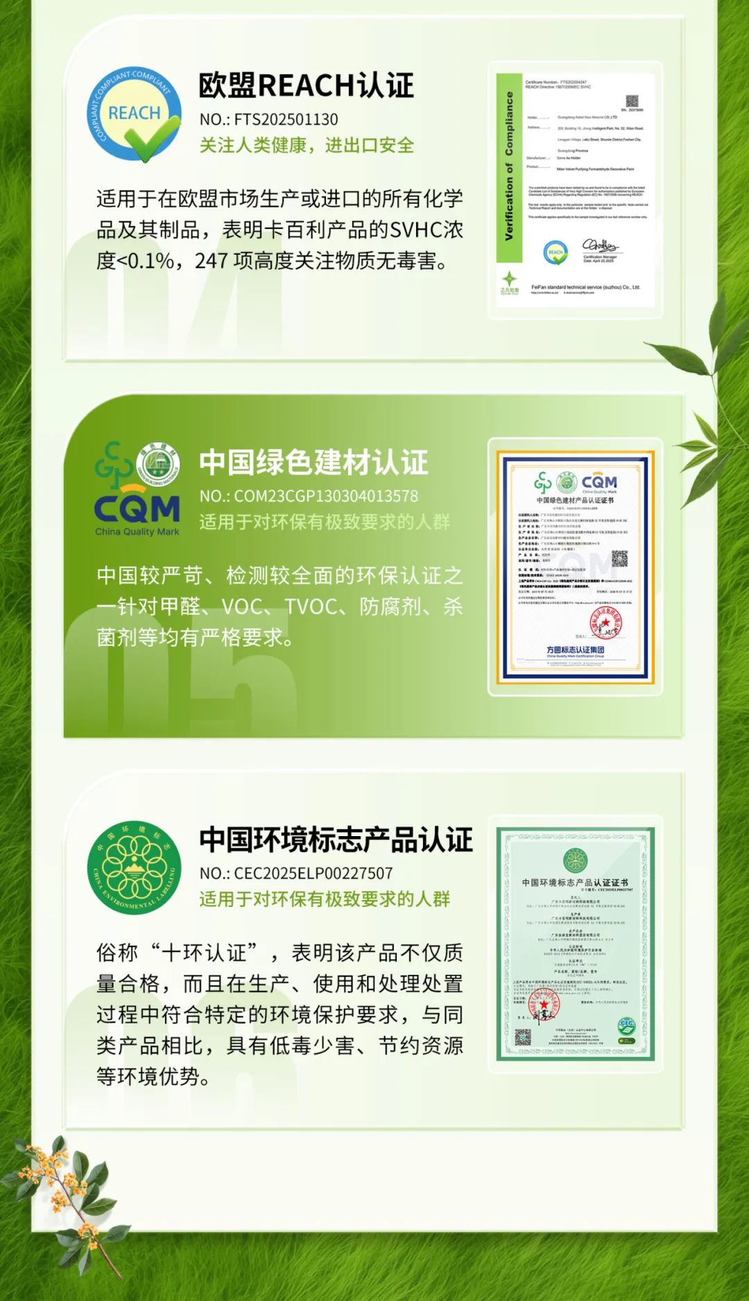 卡百利包攬六大國際環(huán)保認證
